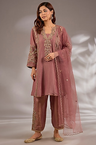 Pink Tissue Hand Embroidered Anarkali Set by Studio A
