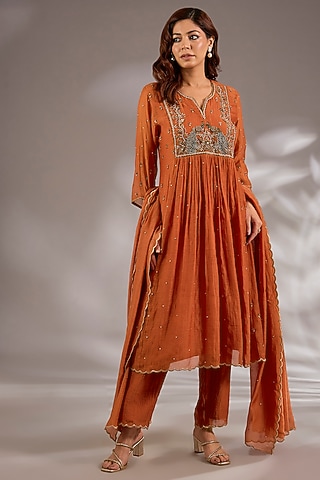 Tan Orange Mul Chanderi Hand Embroidered Flared Anarkali Set by Studio A