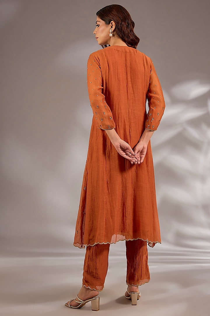 Tan Orange Mul Chanderi Hand Embroidered Flared Wedding Anarkali Set by Studio A at Pernia's Pop Up Shop