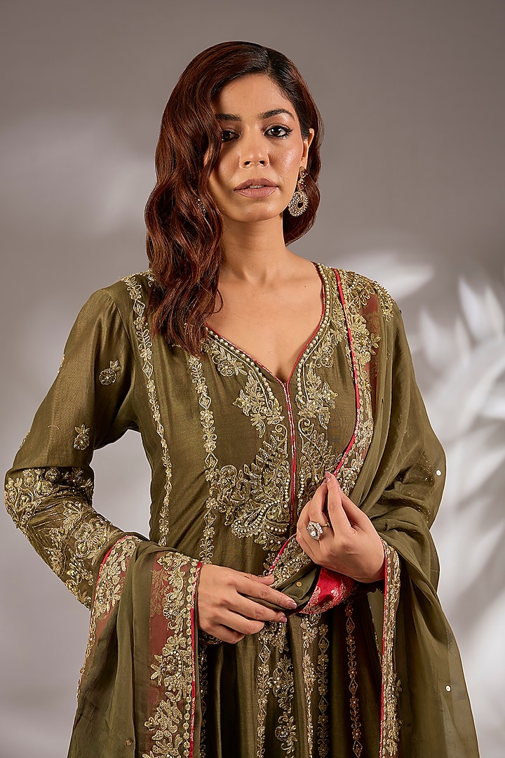 Green Mul Chanderi Hand Embroidered Flared Wedding Anarkali Set by Studio A at Pernia's Pop Up Shop