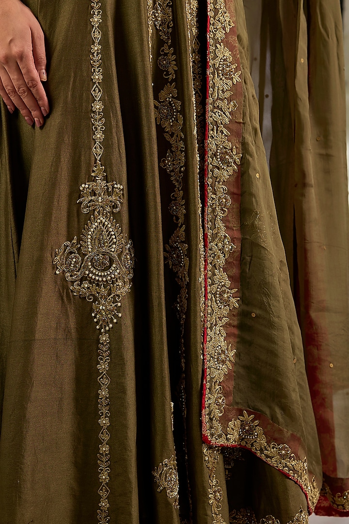 Green Mul Chanderi Hand Embroidered Flared Wedding Anarkali Set by Studio A at Pernia's Pop Up Shop
