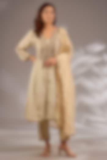 Ivory Tissue Hand Embroidered Flared Kurta Set by Studio A at Pernia's Pop Up Shop