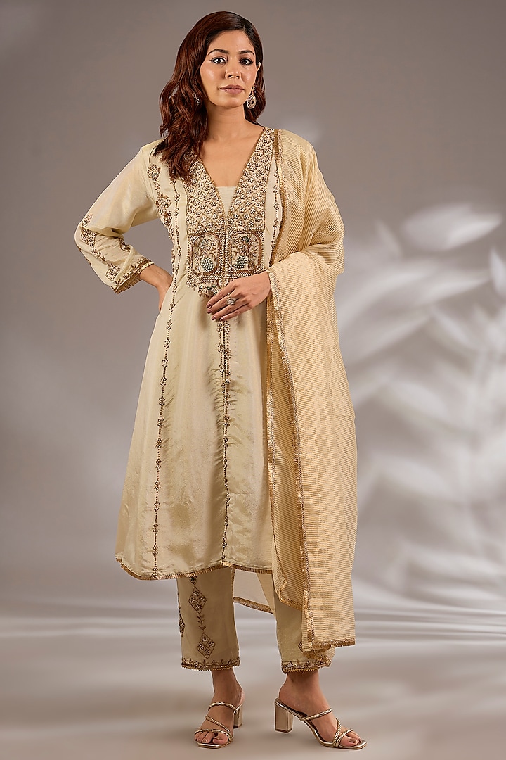 Ivory Tissue Hand Embroidered Flared Kurta Set by Studio A at Pernia's Pop Up Shop