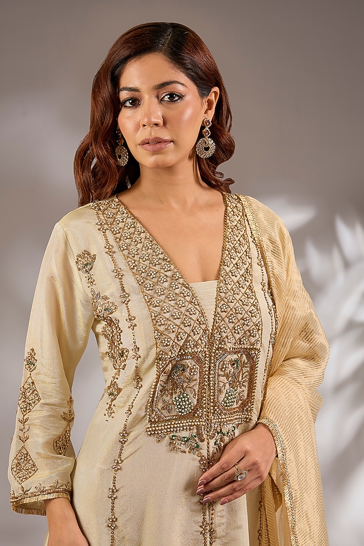 Ivory Tissue Hand Embroidered Flared Kurta Set by Studio A at Pernia's Pop Up Shop