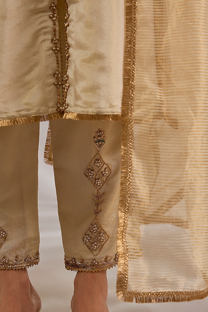 Ivory Tissue Hand Embroidered Flared Kurta Set by Studio A at Pernia's Pop Up Shop