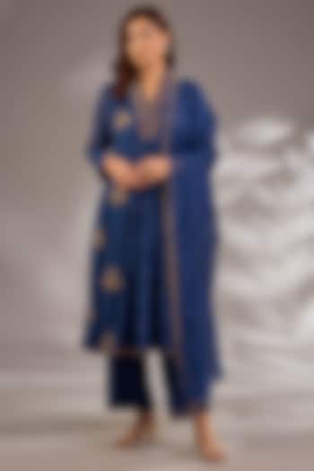 Blue Mul Chanderi Hand Embroidered Flared Party Wear Anarkali Set by Studio A at Pernia's Pop Up Shop