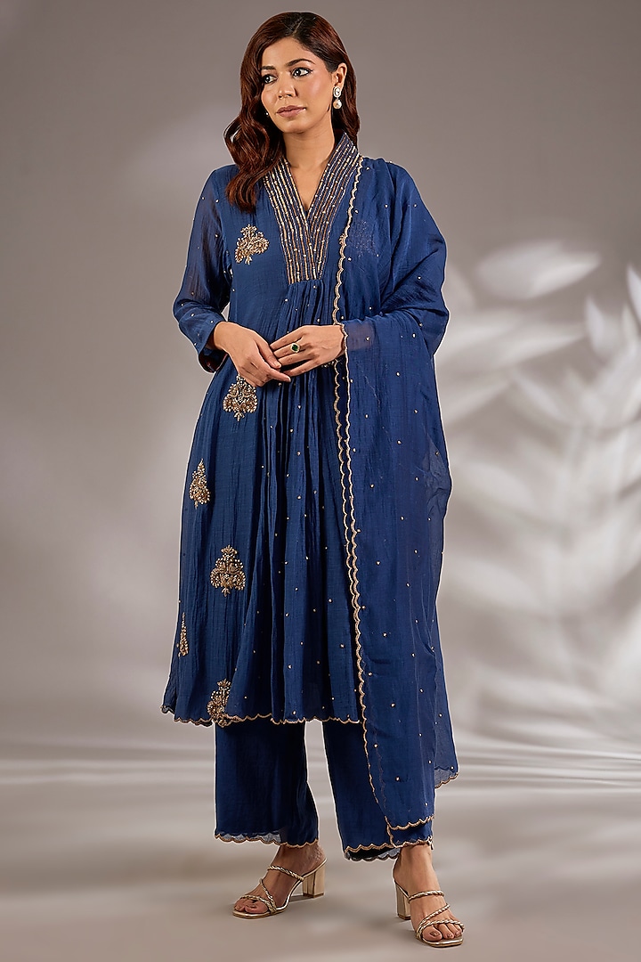 Blue Mul Chanderi Hand Embroidered Flared Party Wear Anarkali Set by Studio A at Pernia's Pop Up Shop