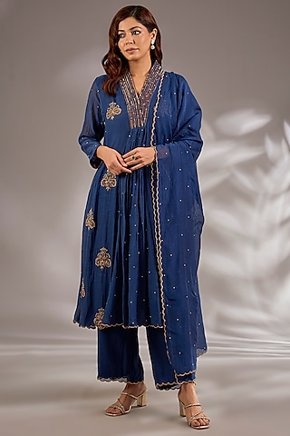 Blue Mul Chanderi Hand Embroidered Flared Anarkali Set by Studio A