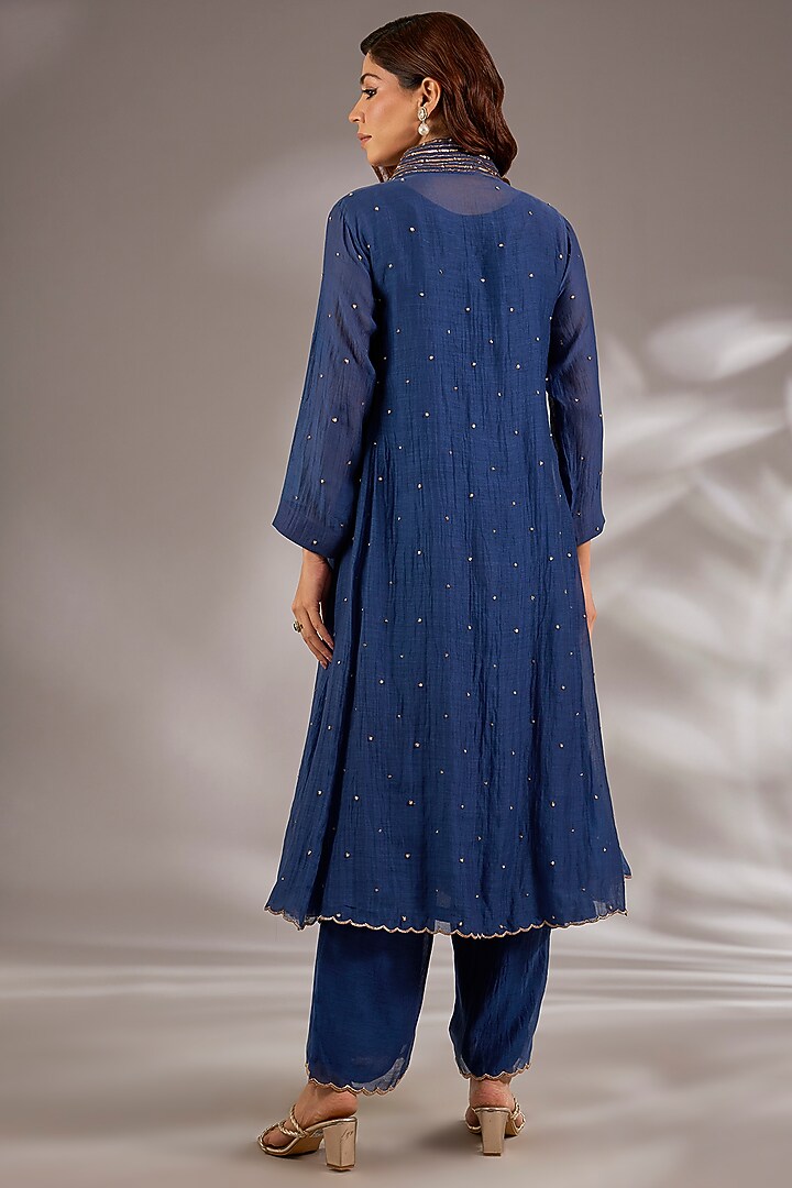 Blue Mul Chanderi Hand Embroidered Flared Wedding Anarkali Set by Studio A at Pernia's Pop Up Shop