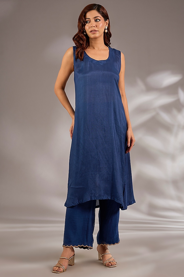 Blue Mul Chanderi Hand Embroidered Flared Wedding Anarkali Set by Studio A at Pernia's Pop Up Shop