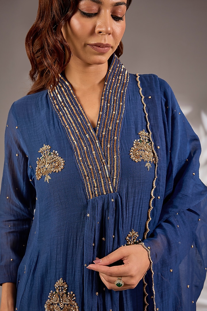 Blue Mul Chanderi Hand Embroidered Flared Wedding Anarkali Set by Studio A at Pernia's Pop Up Shop