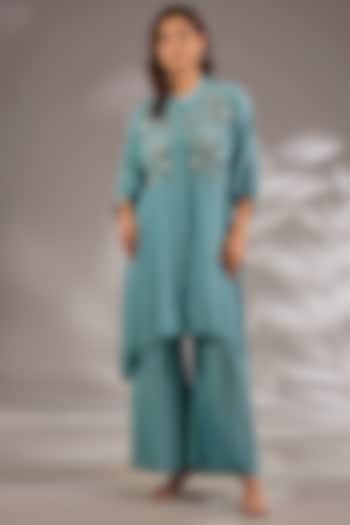 Blue Crepe Sequins Embroidered Asymmetric Kurta Set by Studio A at Pernia's Pop Up Shop