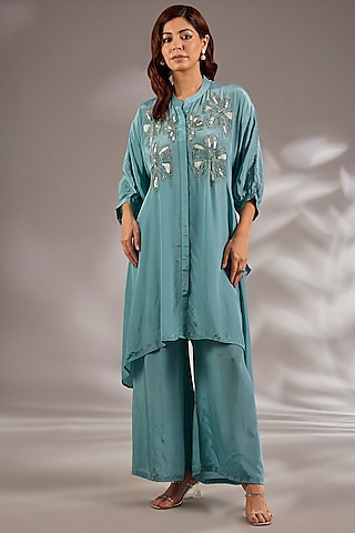Blue Crepe Sequins Embroidered Asymmetric Kurta Set by Studio A