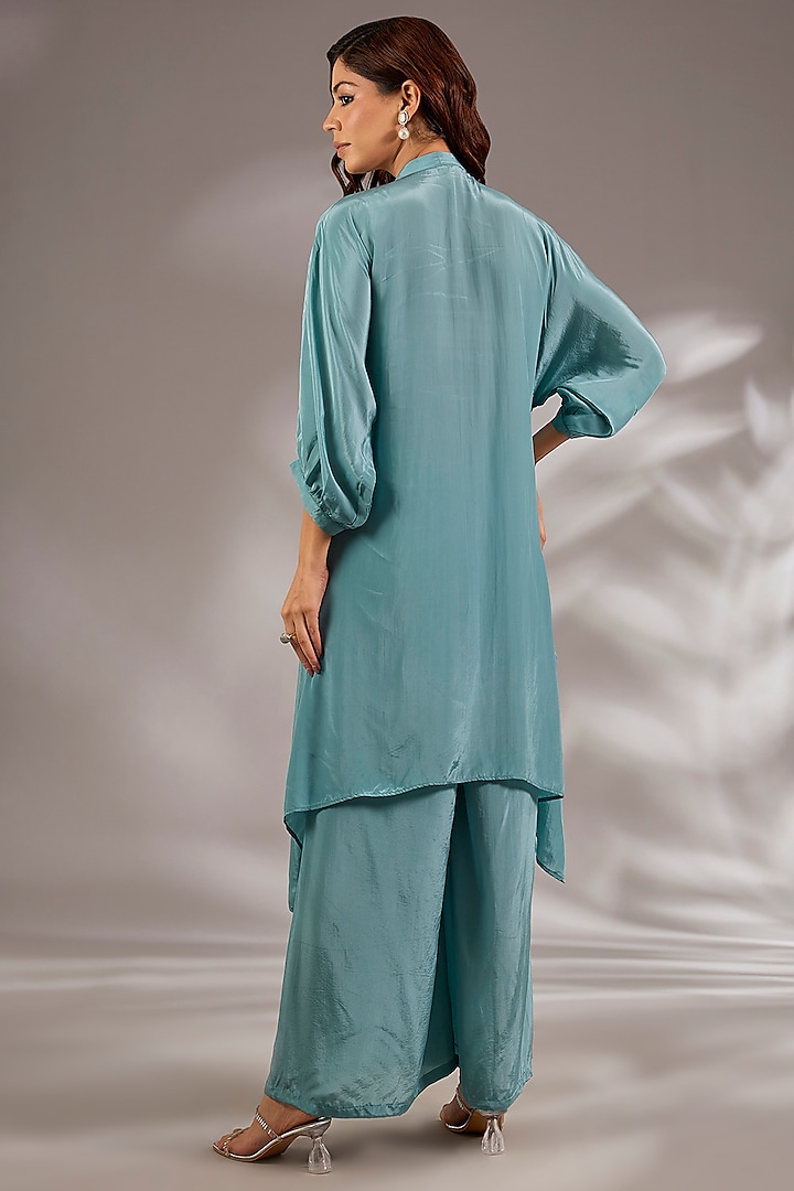 Blue Crepe Sequins Embroidered Asymmetric Kurta Set by Studio A at Pernia's Pop Up Shop