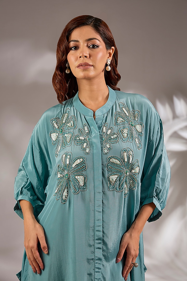 Blue Crepe Sequins Embroidered Asymmetric Kurta Set by Studio A at Pernia's Pop Up Shop