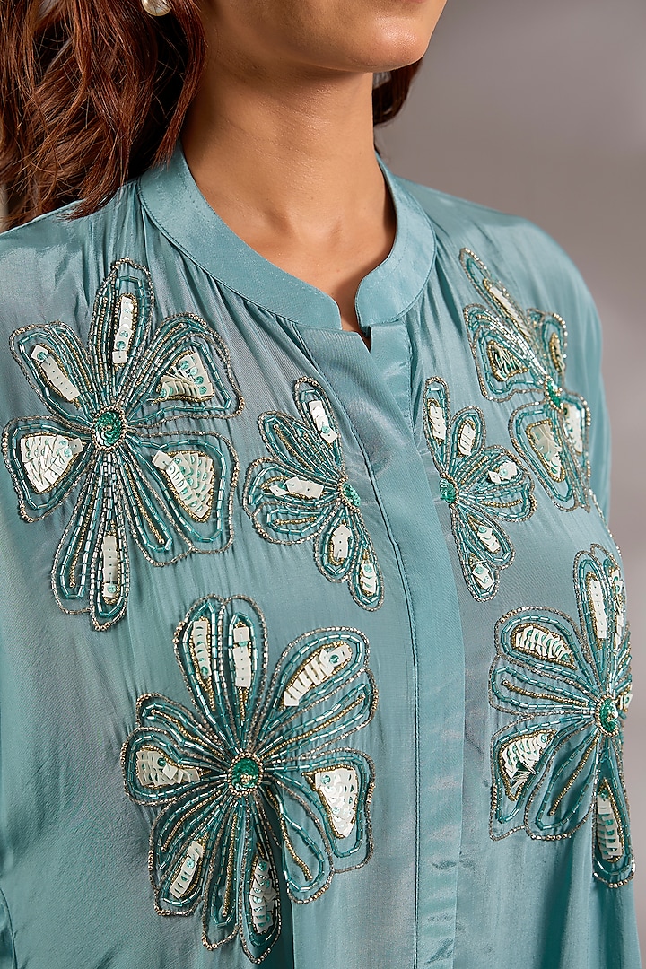 Blue Crepe Sequins Embroidered Asymmetric Kurta Set by Studio A at Pernia's Pop Up Shop