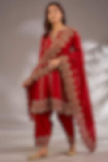 Red Silk Hand & Machine Embroidered Wedding Anarkali Set by Studio A at Pernia's Pop Up Shop