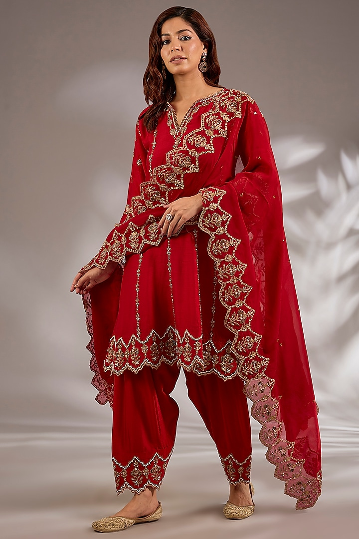Red Silk Hand & Machine Embroidered Wedding Anarkali Set by Studio A at Pernia's Pop Up Shop