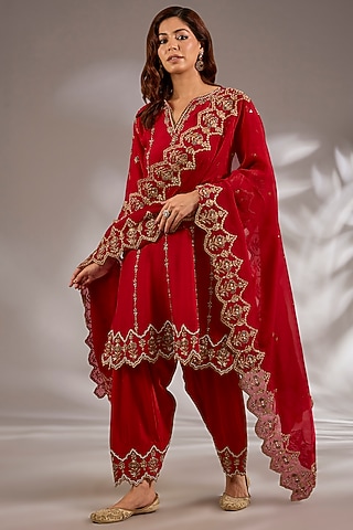 Red Silk Hand & Machine Embroidered Anarkali Set by Studio A