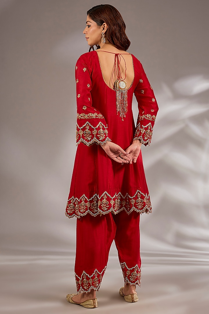 Red Silk Hand & Machine Embroidered Wedding Anarkali Set by Studio A at Pernia's Pop Up Shop