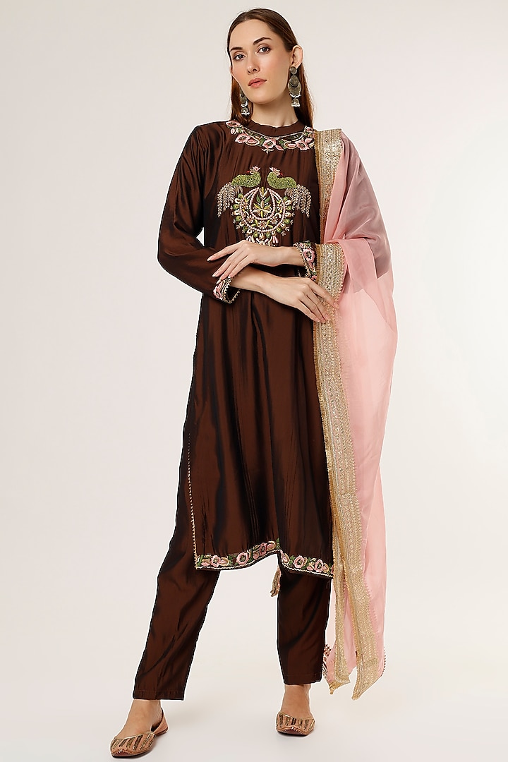 Brown Embroidered Kurta Set by Studio A
