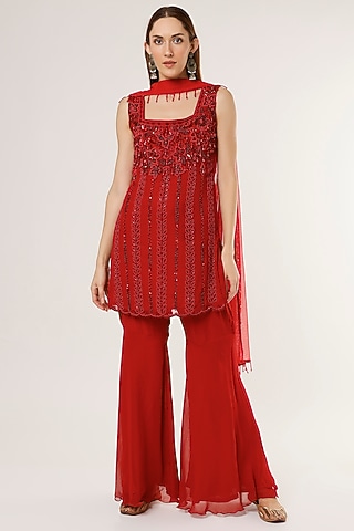 Red Georgette Gharara Set by Studio A