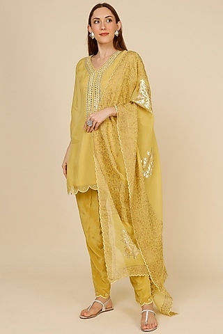 Yellow Mirror Embroidered Kurta Set by Studio A