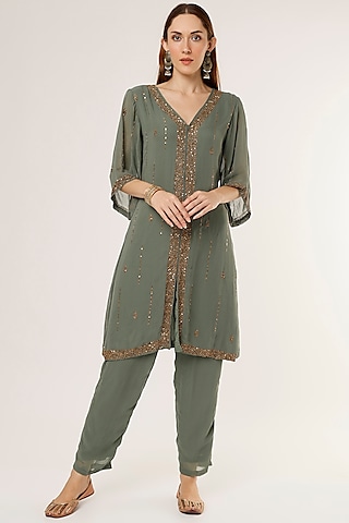 Olive Green Embroidered Kurta Set by Studio A