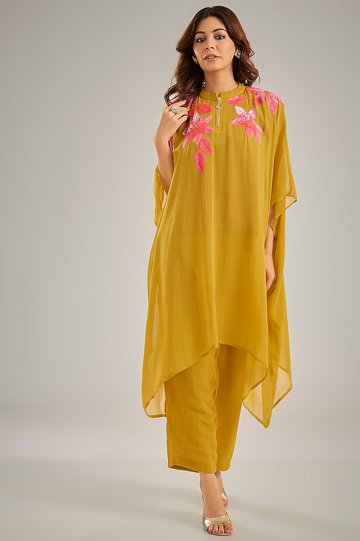 Yellow Georgette Sequins Hand Embroidered Kaftan Set by Studio A at Pernia's Pop Up Shop