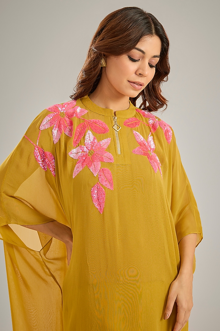 Yellow Georgette Sequins Hand Embroidered Kaftan Set by Studio A at Pernia's Pop Up Shop