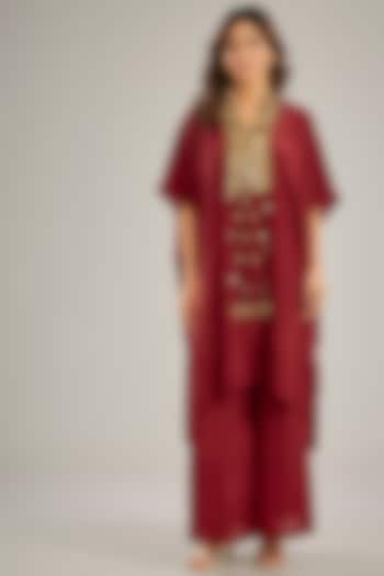 Maroon Crepe Sequins & Crystal Hand Embroidered Kaftan Set by Studio A at Pernia's Pop Up Shop