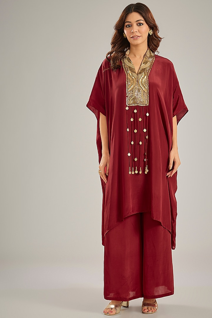 Maroon Crepe Sequins & Crystal Hand Embroidered Kaftan Set by Studio A at Pernia's Pop Up Shop