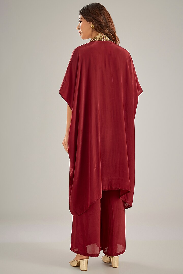Maroon Crepe Sequins & Crystal Hand Embroidered Kaftan Set by Studio A at Pernia's Pop Up Shop