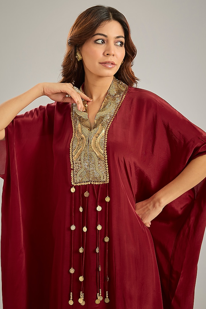 Maroon Crepe Sequins & Crystal Hand Embroidered Kaftan Set by Studio A at Pernia's Pop Up Shop