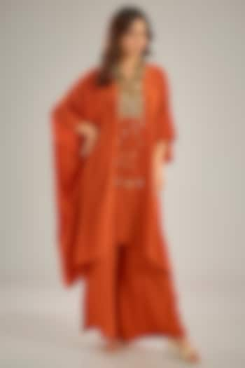 Orange Crepe Sequins & Crystal Hand Embroidered Kaftan Set by Studio A at Pernia's Pop Up Shop