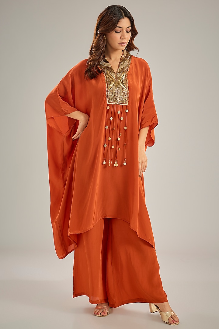 Orange Crepe Sequins & Crystal Hand Embroidered Kaftan Set by Studio A at Pernia's Pop Up Shop