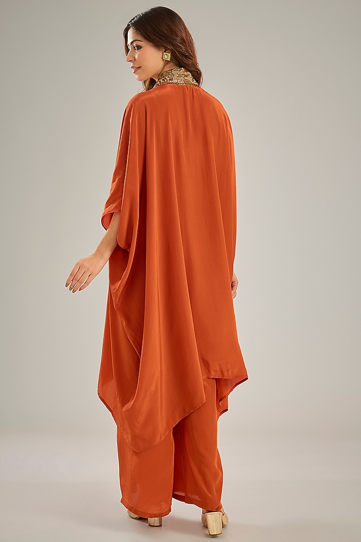 Orange Crepe Sequins & Crystal Hand Embroidered Kaftan Set by Studio A at Pernia's Pop Up Shop