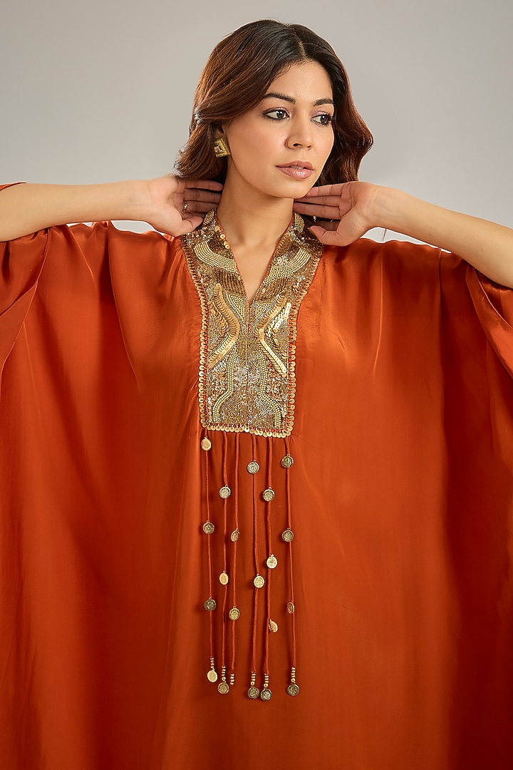 Orange Crepe Sequins & Crystal Hand Embroidered Kaftan Set by Studio A at Pernia's Pop Up Shop