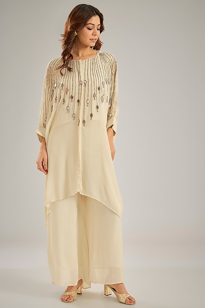 Ivory Chinon Crystal Hand Embroidered Kaftan Set by Studio A at Pernia's Pop Up Shop