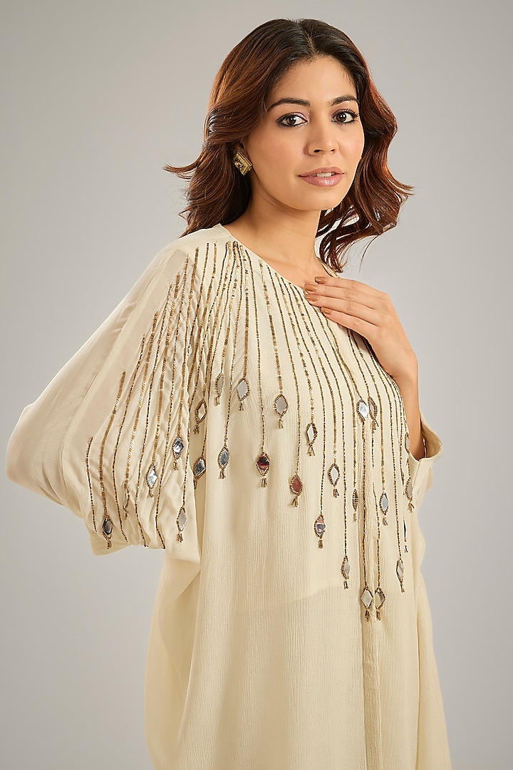 Ivory Chinon Crystal Hand Embroidered Kaftan Set by Studio A at Pernia's Pop Up Shop
