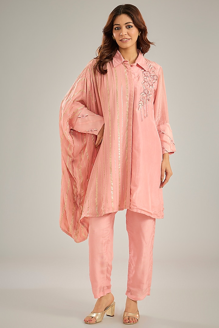 Pink Silk & Georgette Lurex Crystal Embroidered One-Side Kaftan Set by Studio A at Pernia's Pop Up Shop