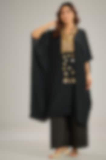 Black Crepe Sequins & Crystal Hand Embroidered Kaftan Set by Studio A at Pernia's Pop Up Shop