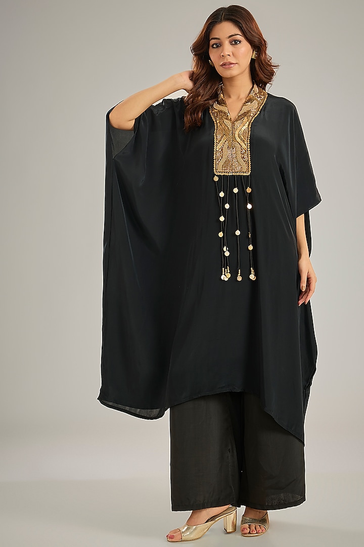 Black Crepe Sequins & Crystal Hand Embroidered Kaftan Set by Studio A at Pernia's Pop Up Shop