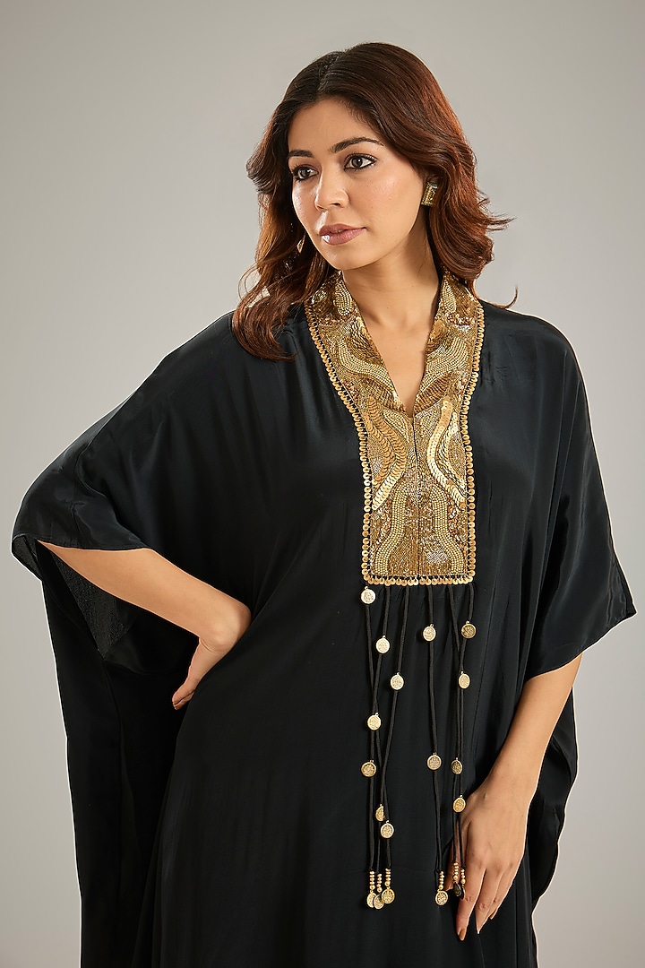 Black Crepe Sequins & Crystal Hand Embroidered Kaftan Set by Studio A at Pernia's Pop Up Shop
