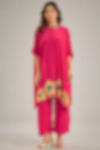 Dark Pink Crepe Sequins Hand Embroidered Kaftan Set by Studio A at Pernia's Pop Up Shop