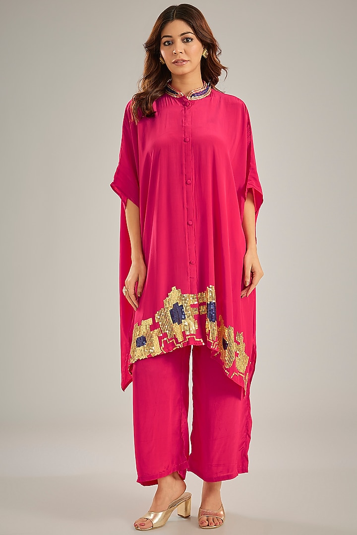 Dark Pink Crepe Sequins Hand Embroidered Kaftan Set by Studio A at Pernia's Pop Up Shop