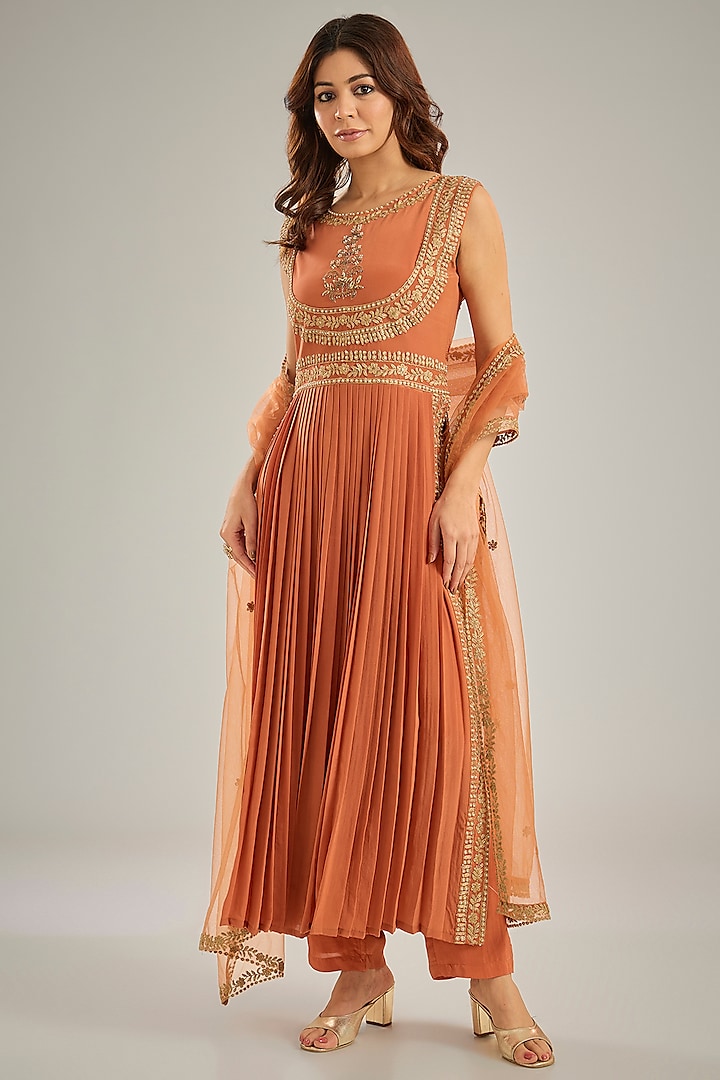 Orange Crepe Dori Hand Embroidered Pleated Anarkali Set by Studio A at Pernia's Pop Up Shop