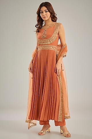 Orange Crepe Dori Hand Embroidered Pleated Anarkali Set by Studio A