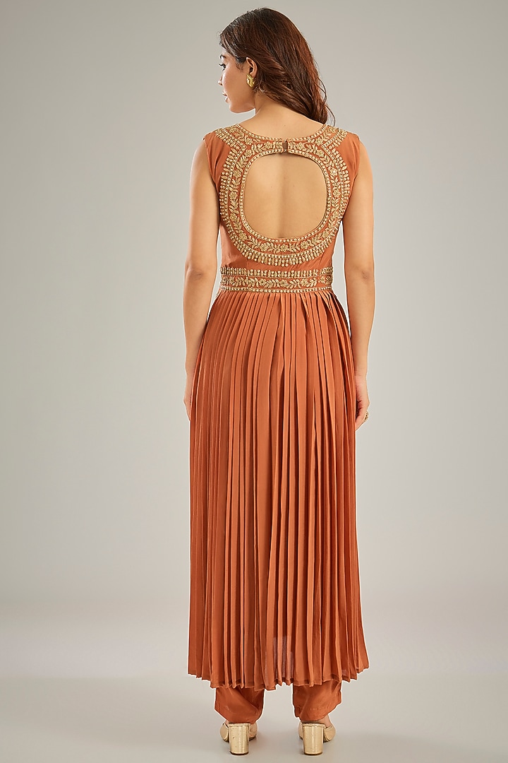 Orange Crepe Dori Hand Embroidered Pleated Wedding Anarkali Set by Studio A at Pernia's Pop Up Shop