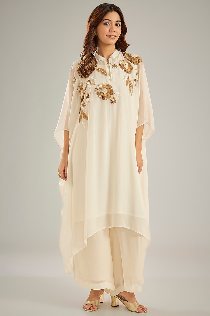 Cream Georgette Sequins Hand Embroidered Kaftan Set by Studio A at Pernia's Pop Up Shop